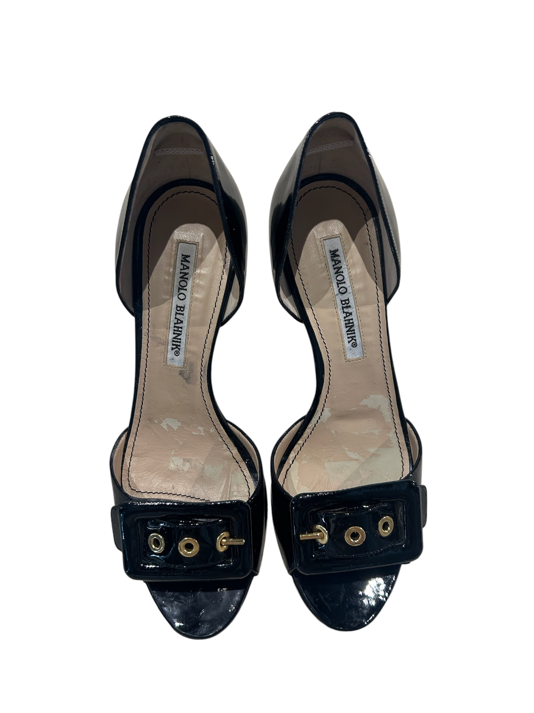 Manolo Blahnik Black Patent Grommet d'Orsay Peep-Toe Pump, 36.5