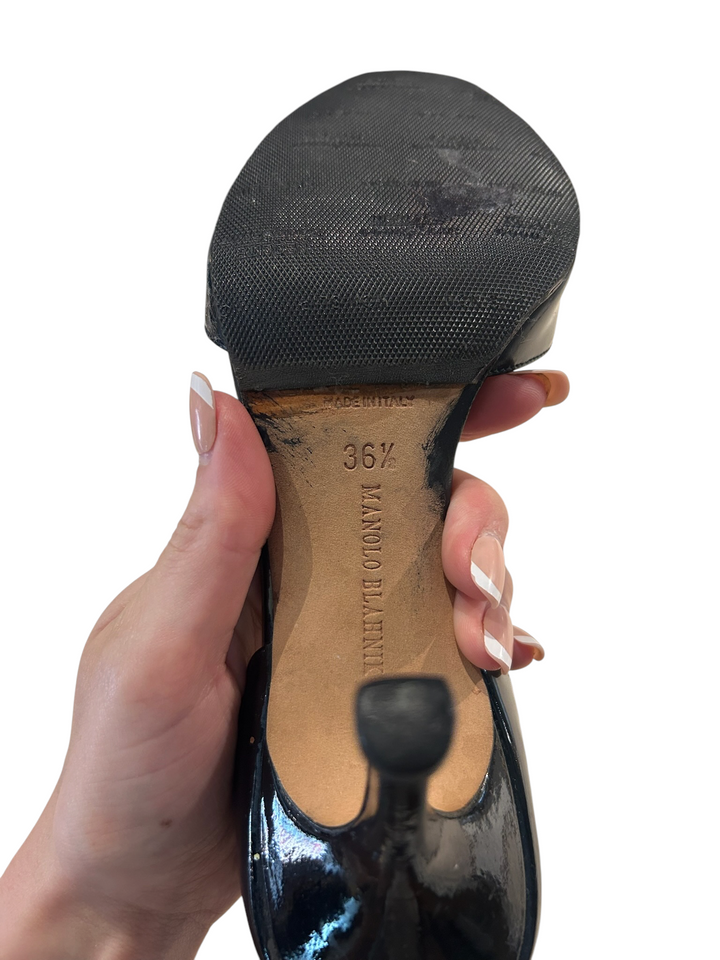 Manolo Blahnik Black Patent Grommet d'Orsay Peep-Toe Pump, 36.5