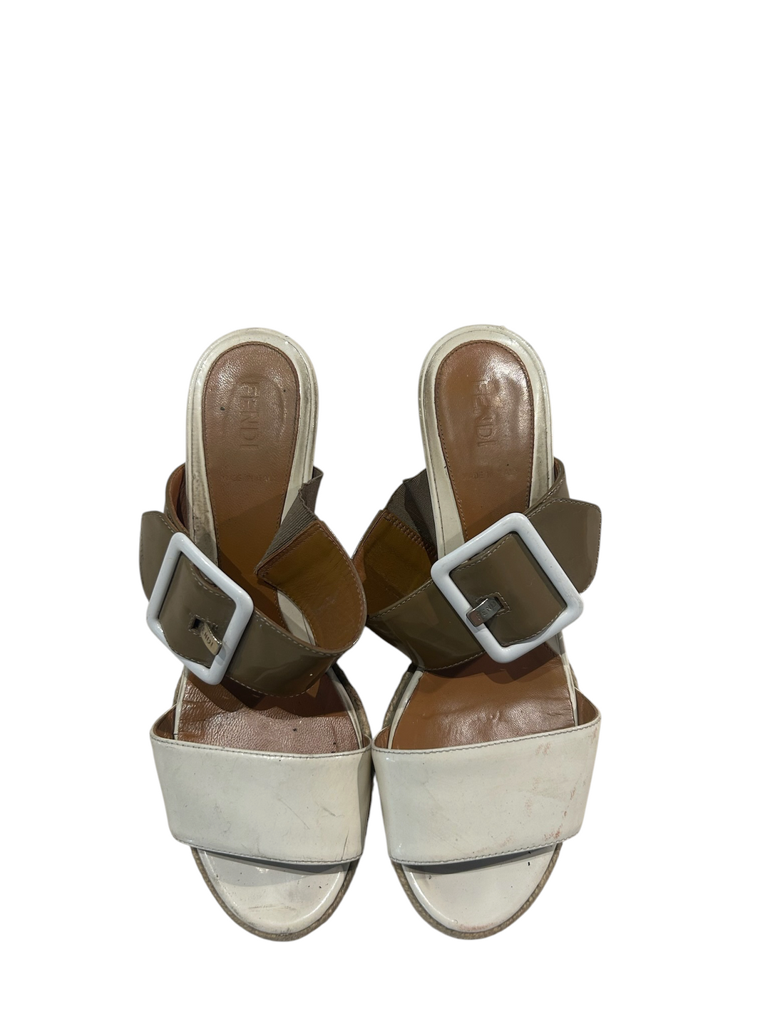Fendi Cream & Taupe Patent Espadrille Wedge Mule, 37.5