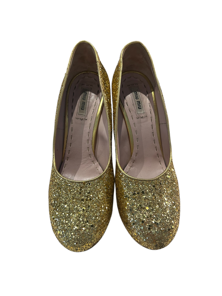 Miu Miu Gold Glitter Round-Toe Block-Heel Pump, 40