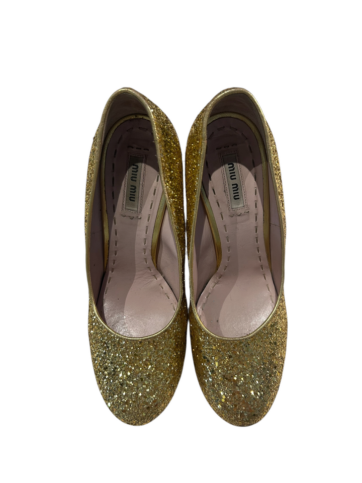 Miu Miu Gold Glitter Round-Toe Block-Heel Pump, 40