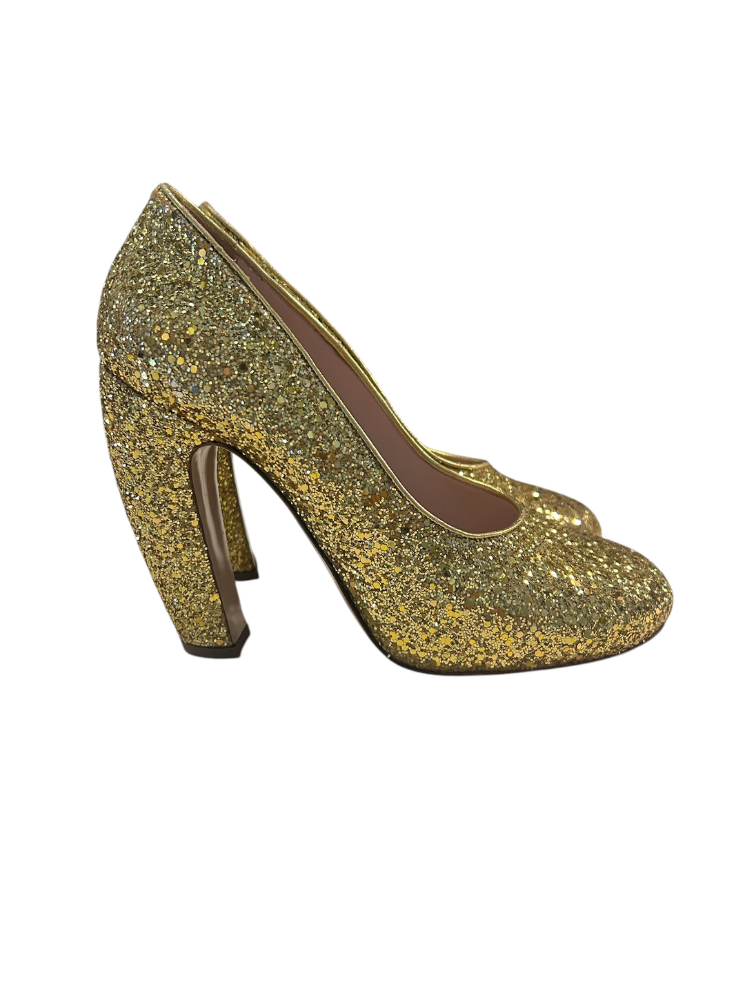 Miu Miu Gold Glitter Round-Toe Block-Heel Pump, 40
