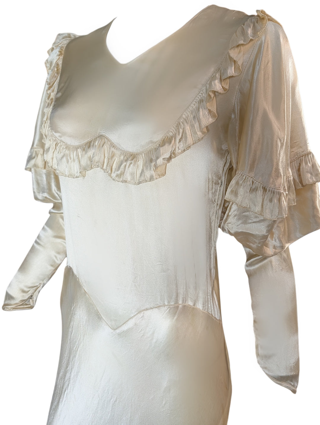 1930s Bias-Cut Ivory Satin Wedding Gown with Puff Sleeves and Ruffled Yoke