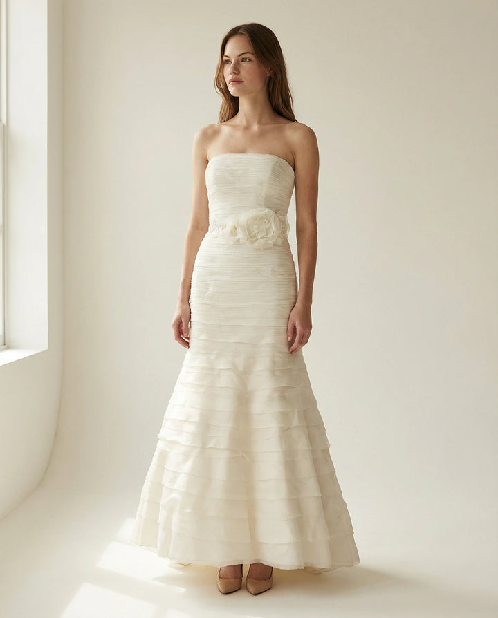 Vera Wang Silk Organza Tiered Gown with Custom Belt