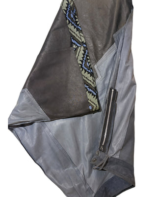 Look 08 — Slate Suede Jacket &amp; Printed Geometric Skirt