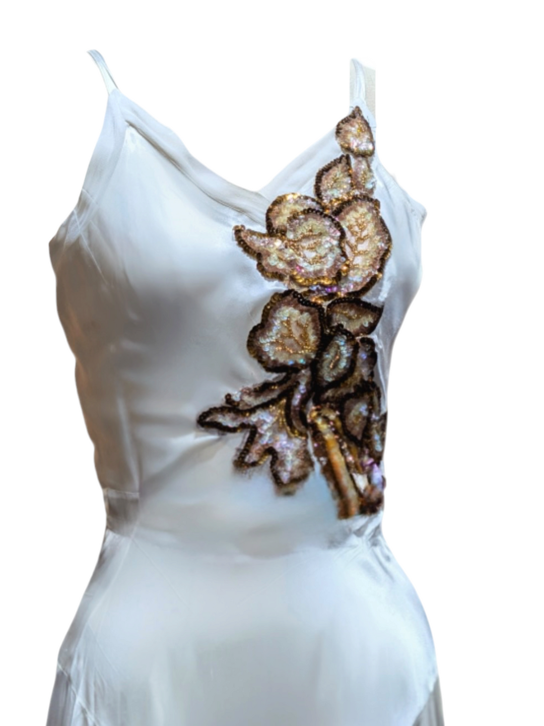 1930s Ivory Bias-Cut Silk Satin Trained Gown with Sequin Appliqué
