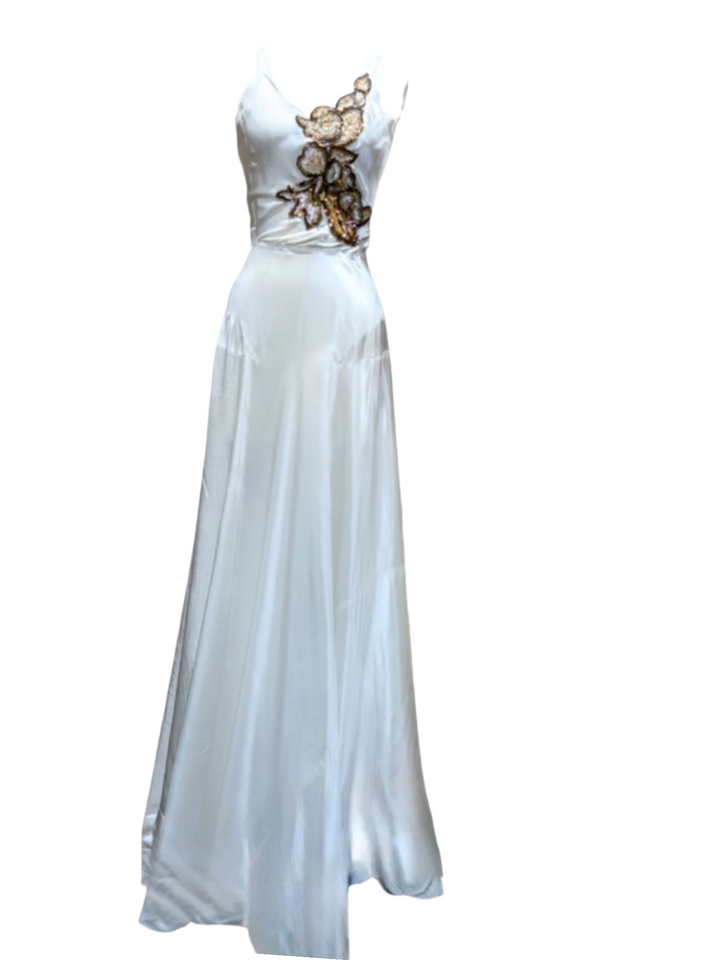 1930s Ivory Bias-Cut Silk Satin Trained Gown with Sequin Appliqué