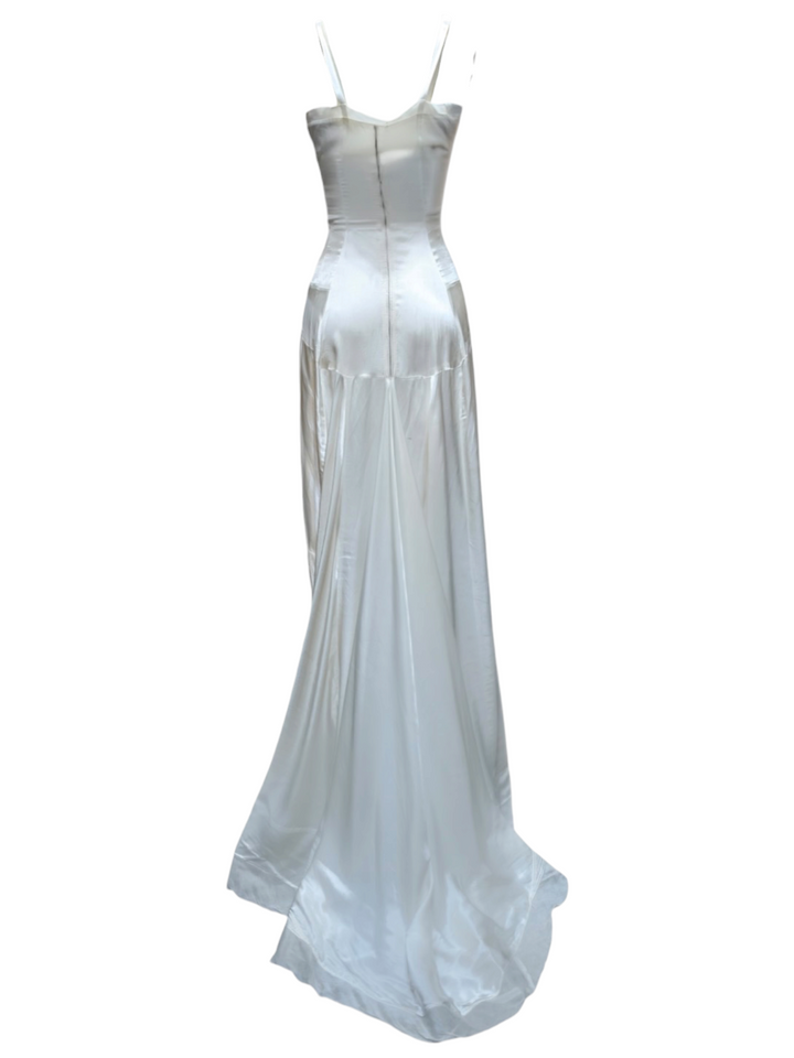 1930s Ivory Bias-Cut Silk Satin Trained Gown with Sequin Appliqué