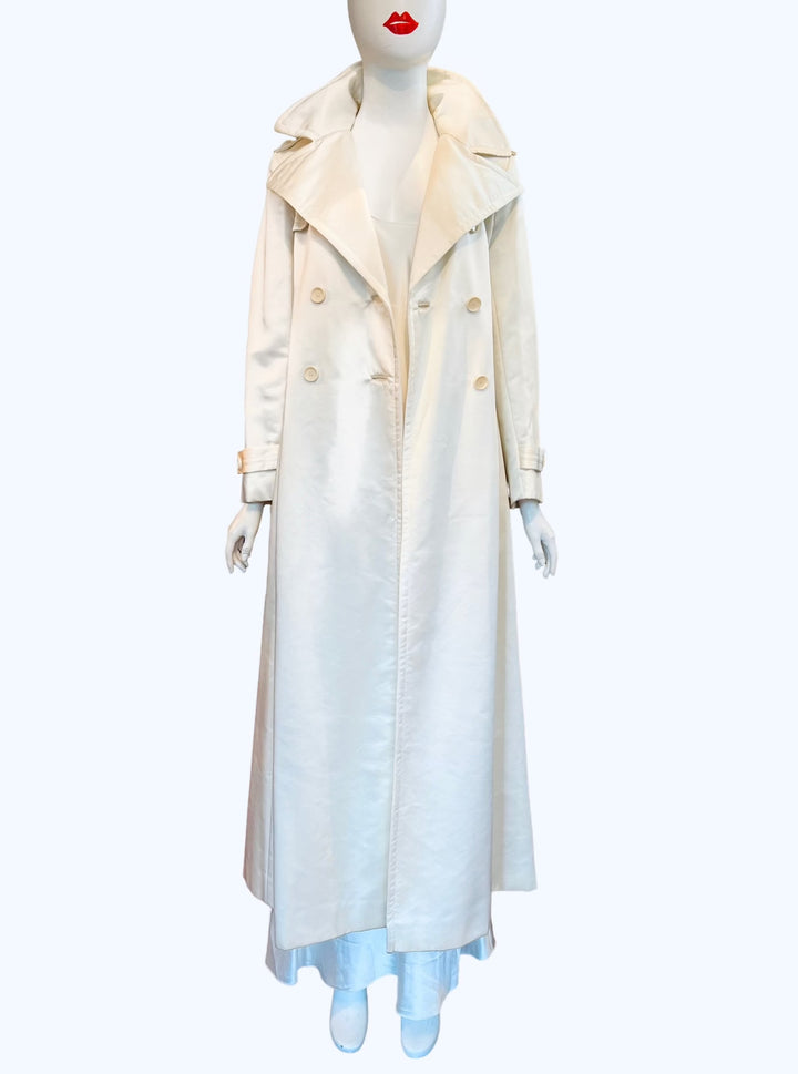 Bill Blass Bond Street Vintage Formal Evening Coat Heavy Satin Trench Peacoat Pearly White