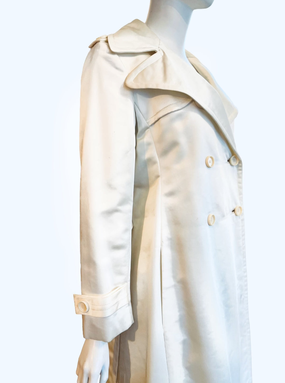 Bill Blass Bond Street Vintage Formal Evening Coat Heavy Satin Trench Peacoat Pearly White