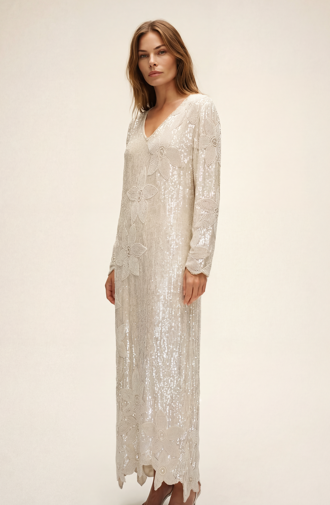 1970s John Anthony Ivory Beaded Sequin Gown