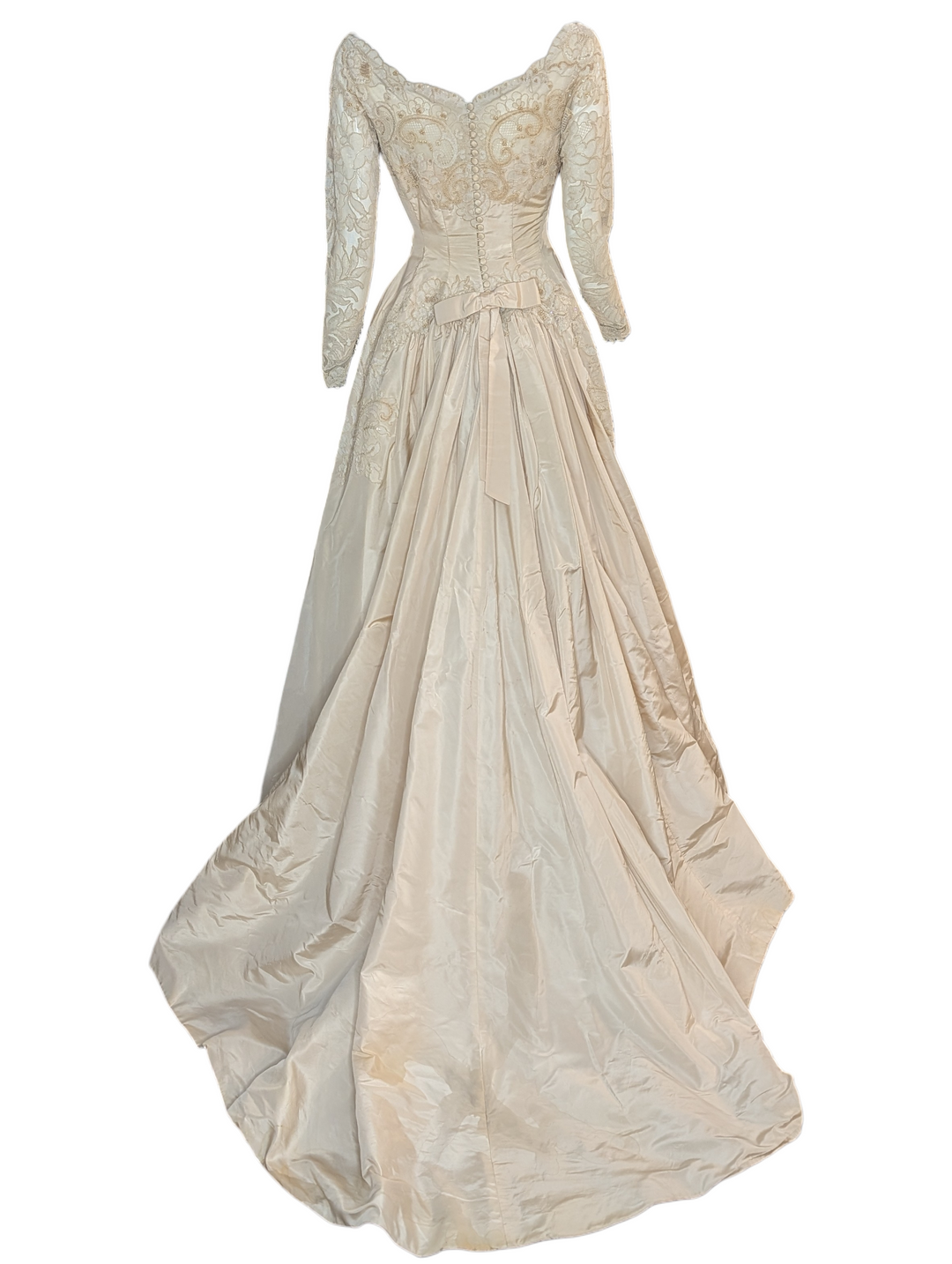 Early 1950s Bianchi New York / Boston Lace Wedding Gown with Train and Button Back