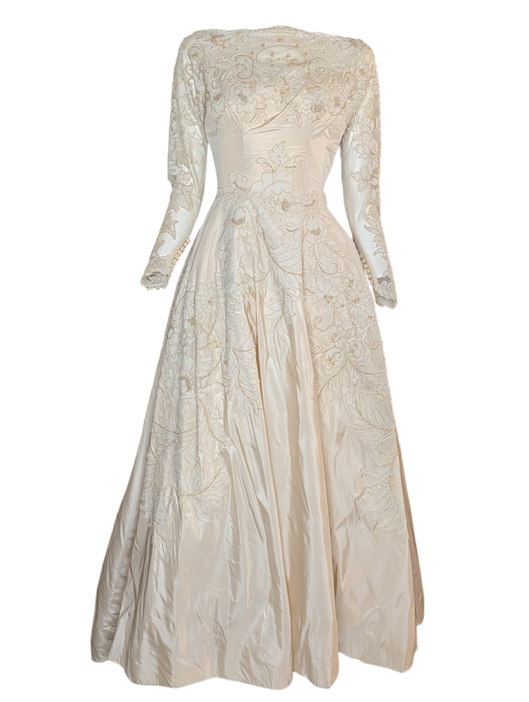 Early 1950s Bianchi New York / Boston Lace Wedding Gown with Train and Button Back