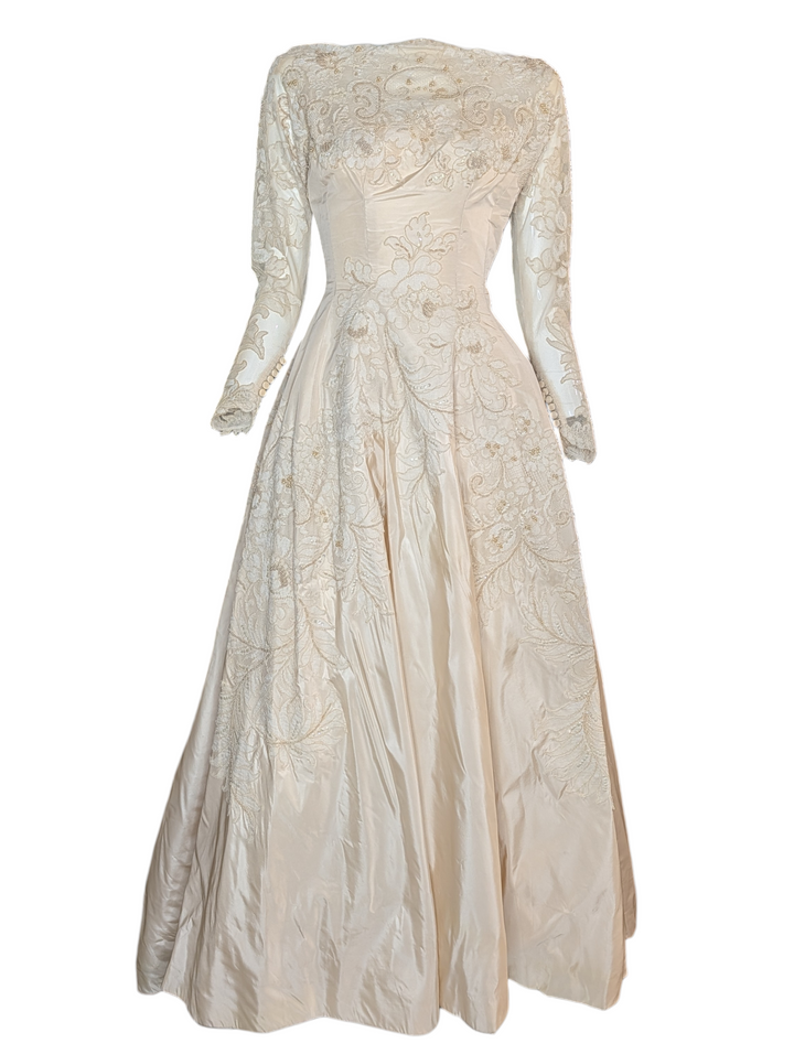 Early 1950s Bianchi New York / Boston Lace Wedding Gown with Train and Button Back