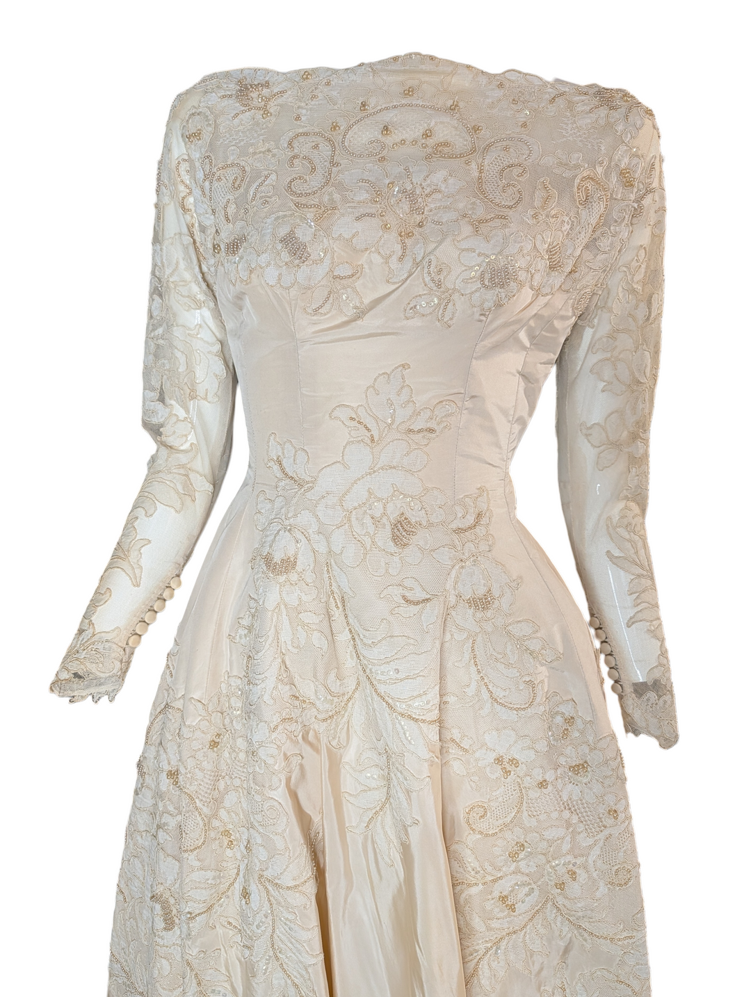 Early 1950s Bianchi New York / Boston Lace Wedding Gown with Train and Button Back