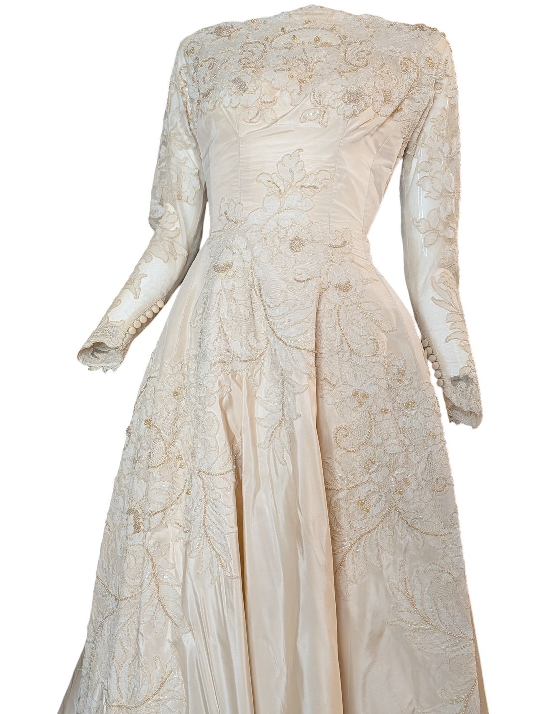 Early 1950s Bianchi New York / Boston Lace Wedding Gown with Train and Button Back