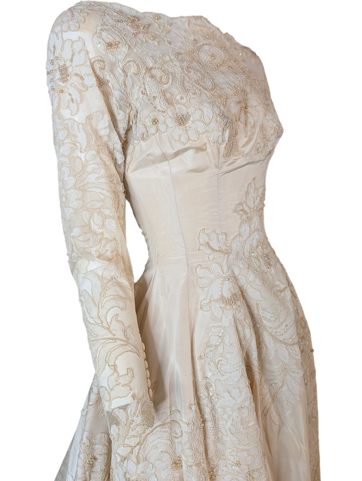 Early 1950s Bianchi New York / Boston Lace Wedding Gown with Train and Button Back