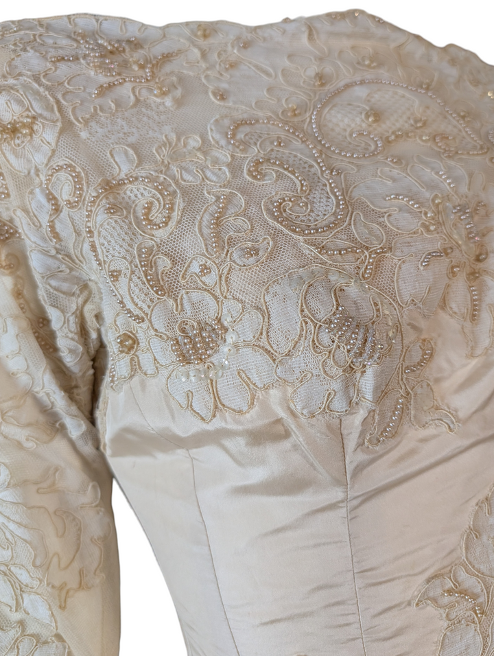 Early 1950s Bianchi New York / Boston Lace Wedding Gown with Train and Button Back