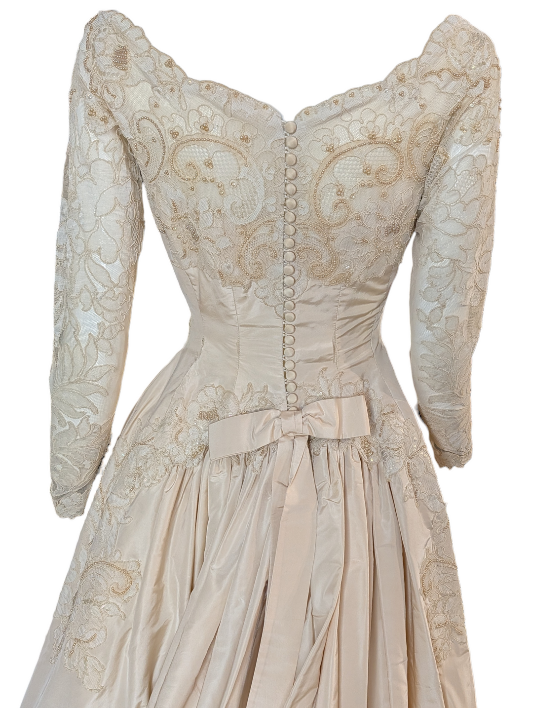 Early 1950s Bianchi New York / Boston Lace Wedding Gown with Train and Button Back