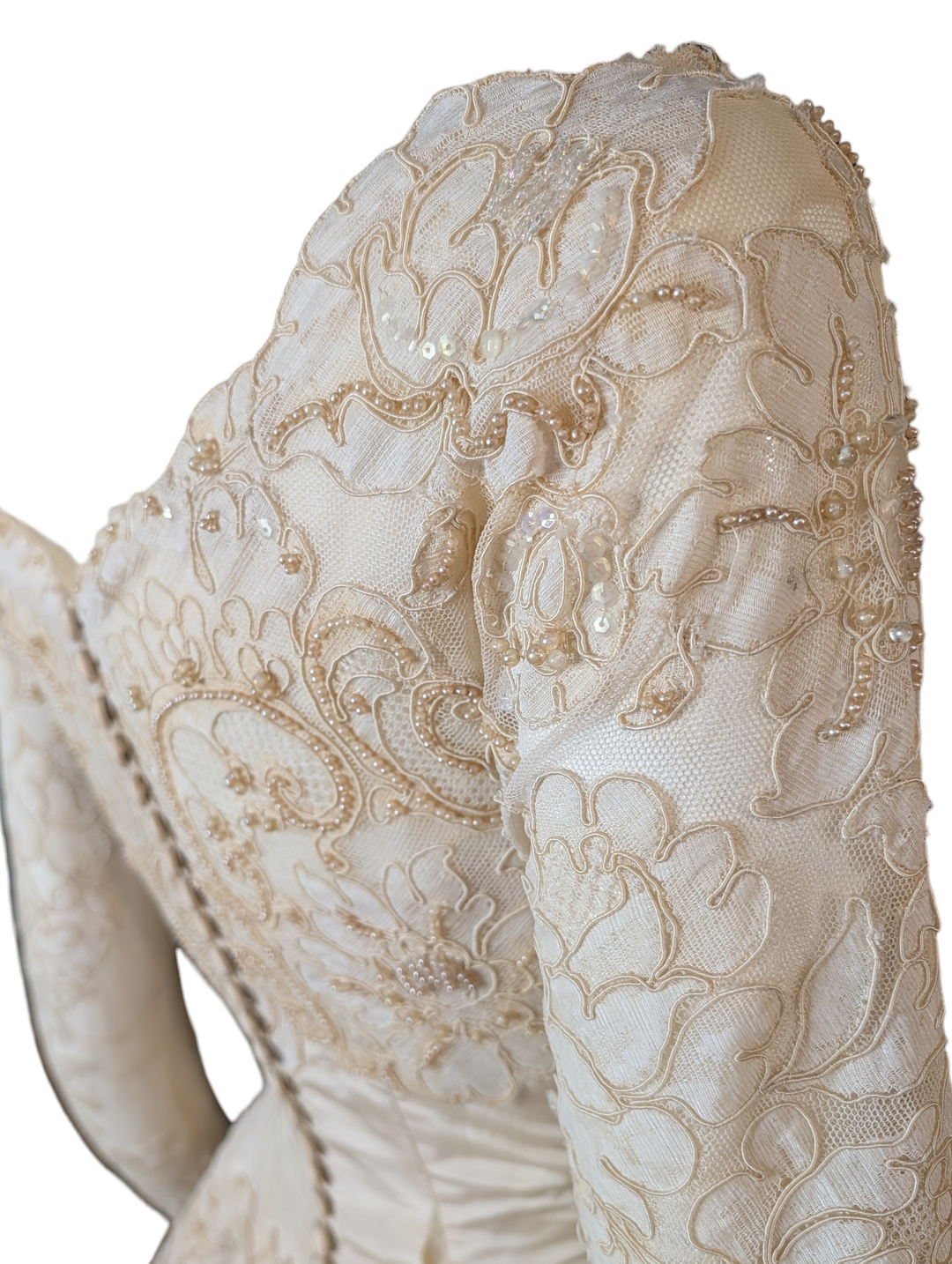 Early 1950s Bianchi New York / Boston Lace Wedding Gown with Train and Button Back