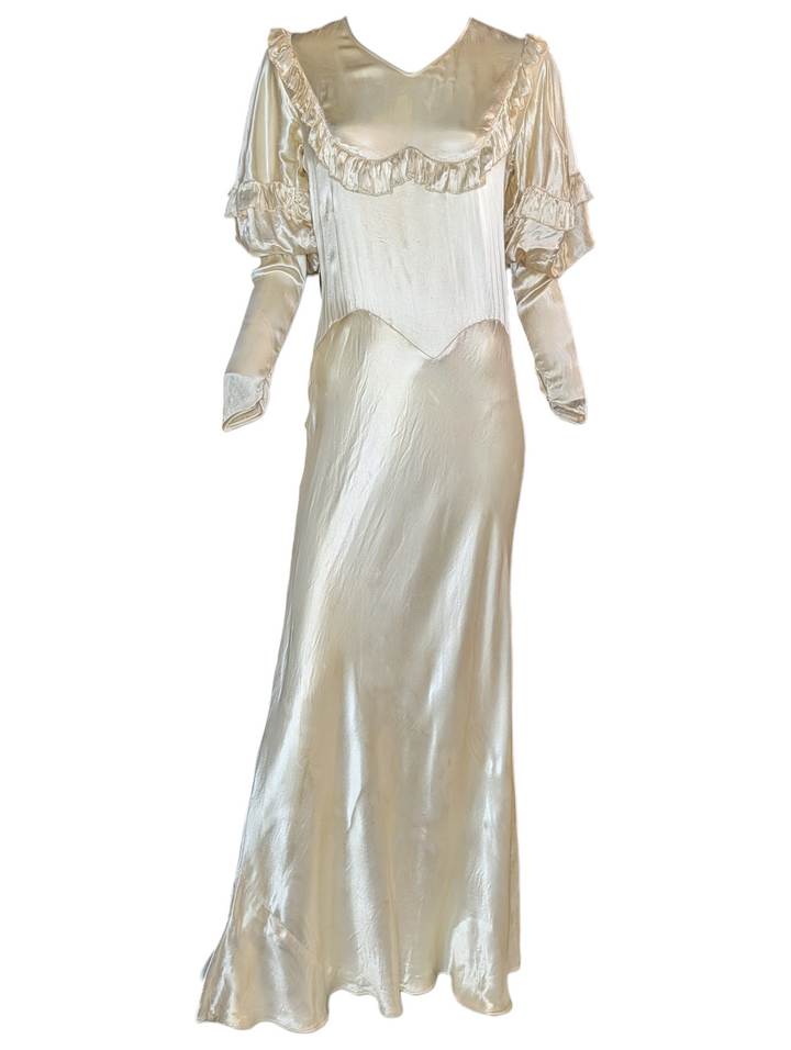 1930s Bias-Cut Ivory Satin Wedding Gown with Puff Sleeves and Ruffled Yoke