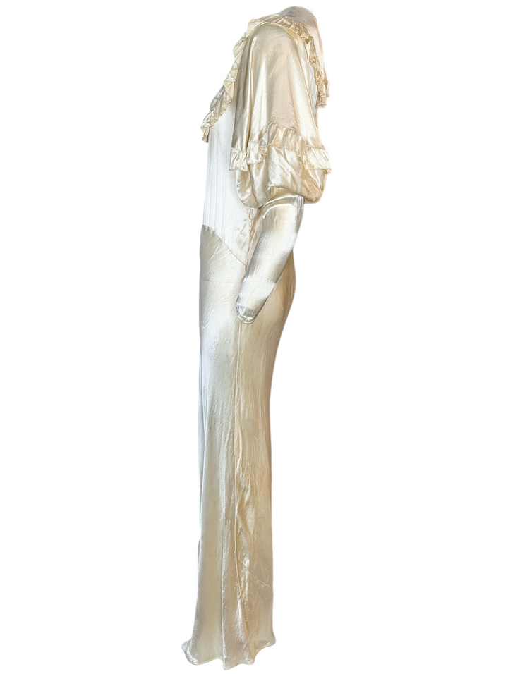1930s Bias-Cut Ivory Satin Wedding Gown with Puff Sleeves and Ruffled Yoke