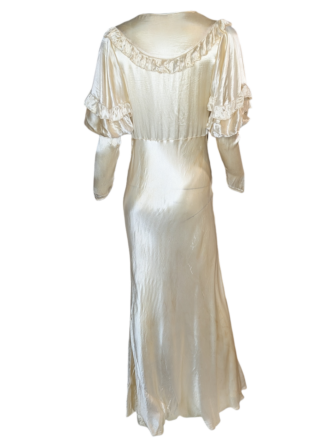 1930s Bias-Cut Ivory Satin Wedding Gown with Puff Sleeves and Ruffled Yoke