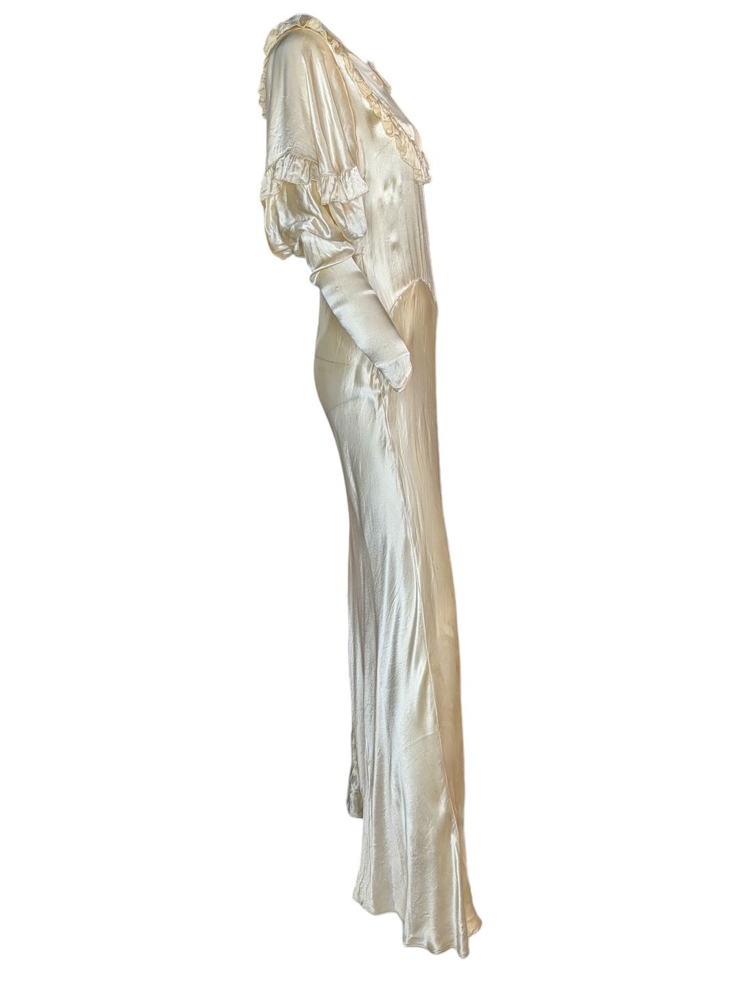 1930s Bias-Cut Ivory Satin Wedding Gown with Puff Sleeves and Ruffled Yoke