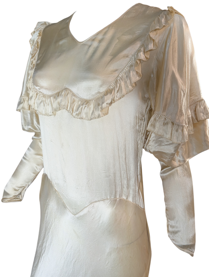 1930s Bias-Cut Ivory Satin Wedding Gown with Puff Sleeves and Ruffled Yoke