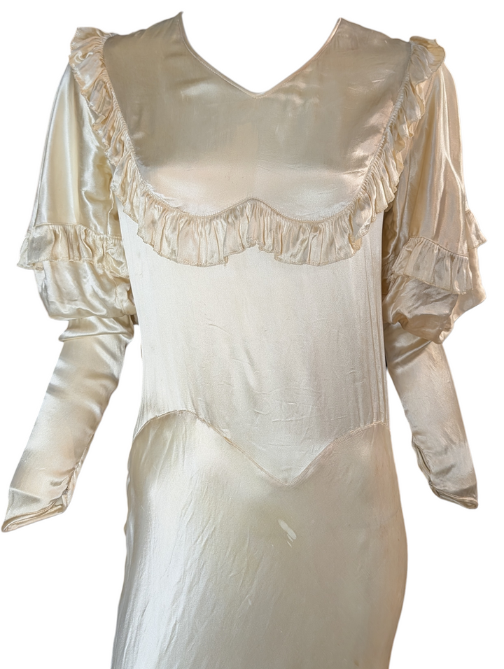 1930s Bias-Cut Ivory Satin Wedding Gown with Puff Sleeves and Ruffled Yoke