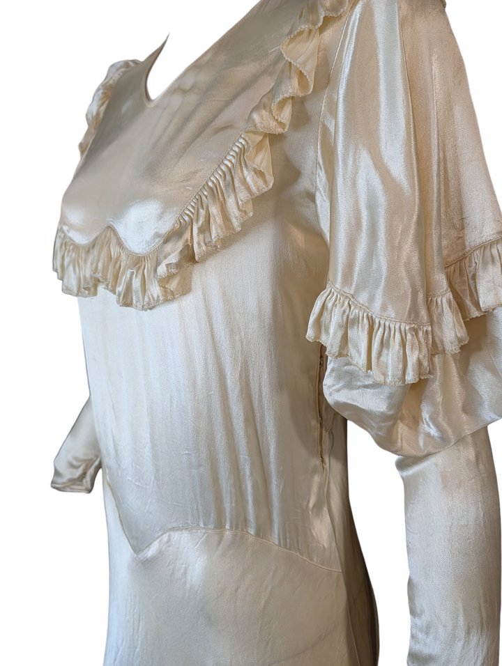 1930s Bias-Cut Ivory Satin Wedding Gown with Puff Sleeves and Ruffled Yoke