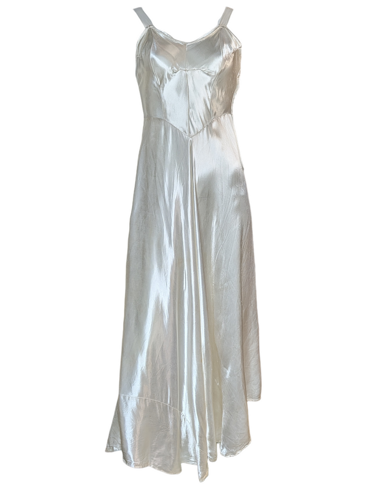 1930s Bias-Cut Ivory Silk Satin Wedding Gown with Sculpted Bodice