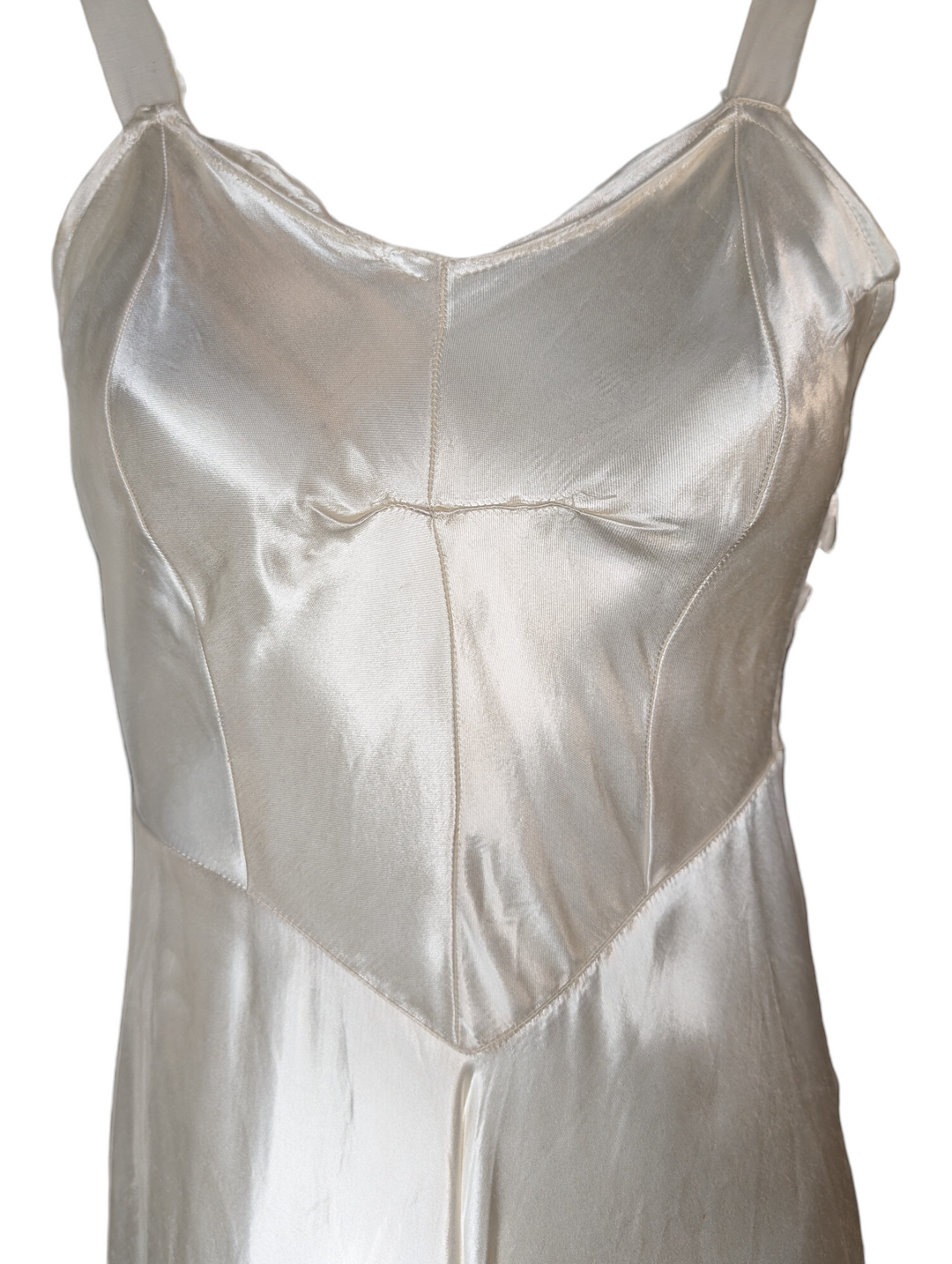 1930s Bias-Cut Ivory Silk Satin Wedding Gown with Sculpted Bodice