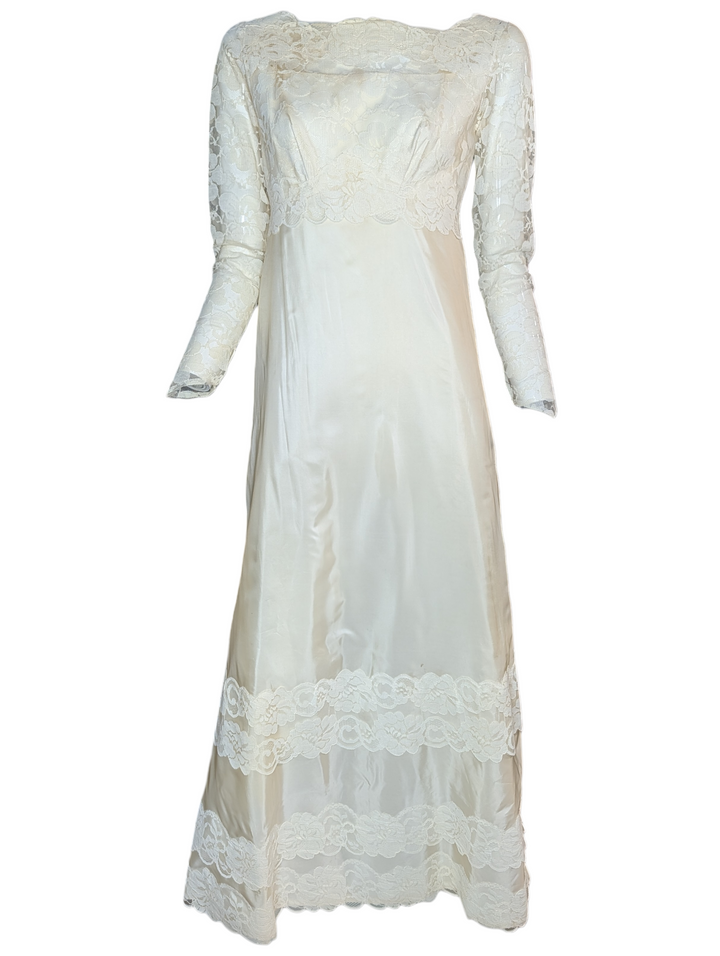 1960s Lace Wedding Gown with Long Sleeves and Column Silhouette
