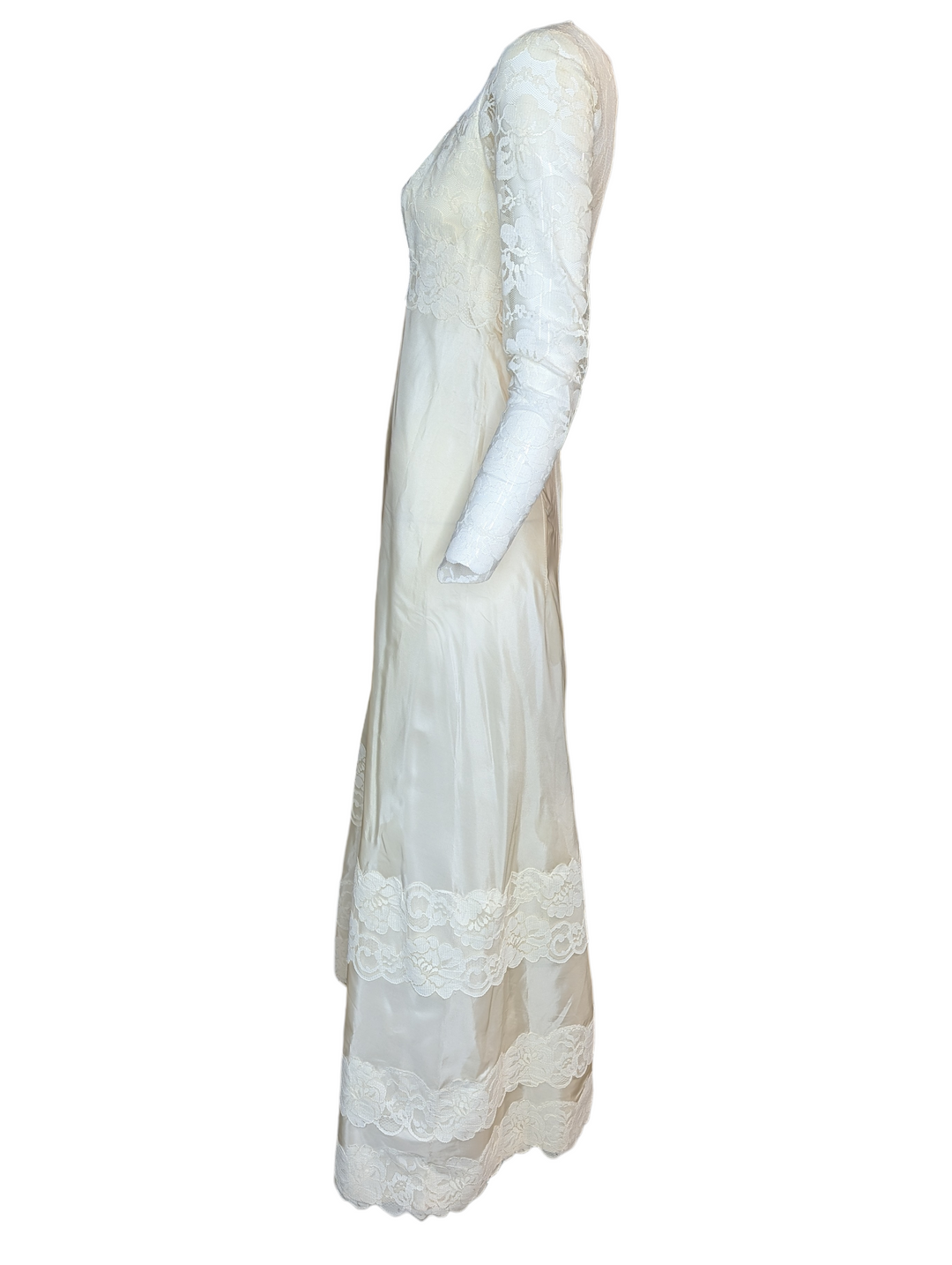 1960s Lace Wedding Gown with Long Sleeves and Column Silhouette