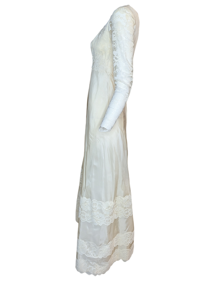 1960s Lace Wedding Gown with Long Sleeves and Column Silhouette