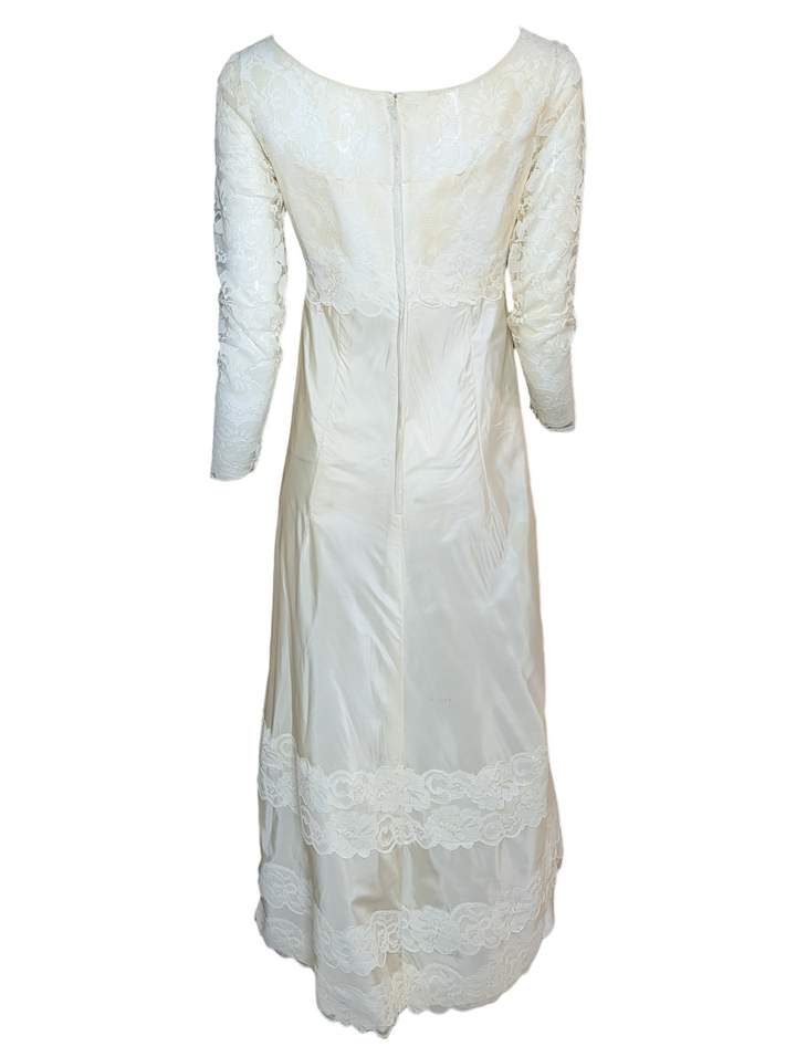 1960s Lace Wedding Gown with Long Sleeves and Column Silhouette