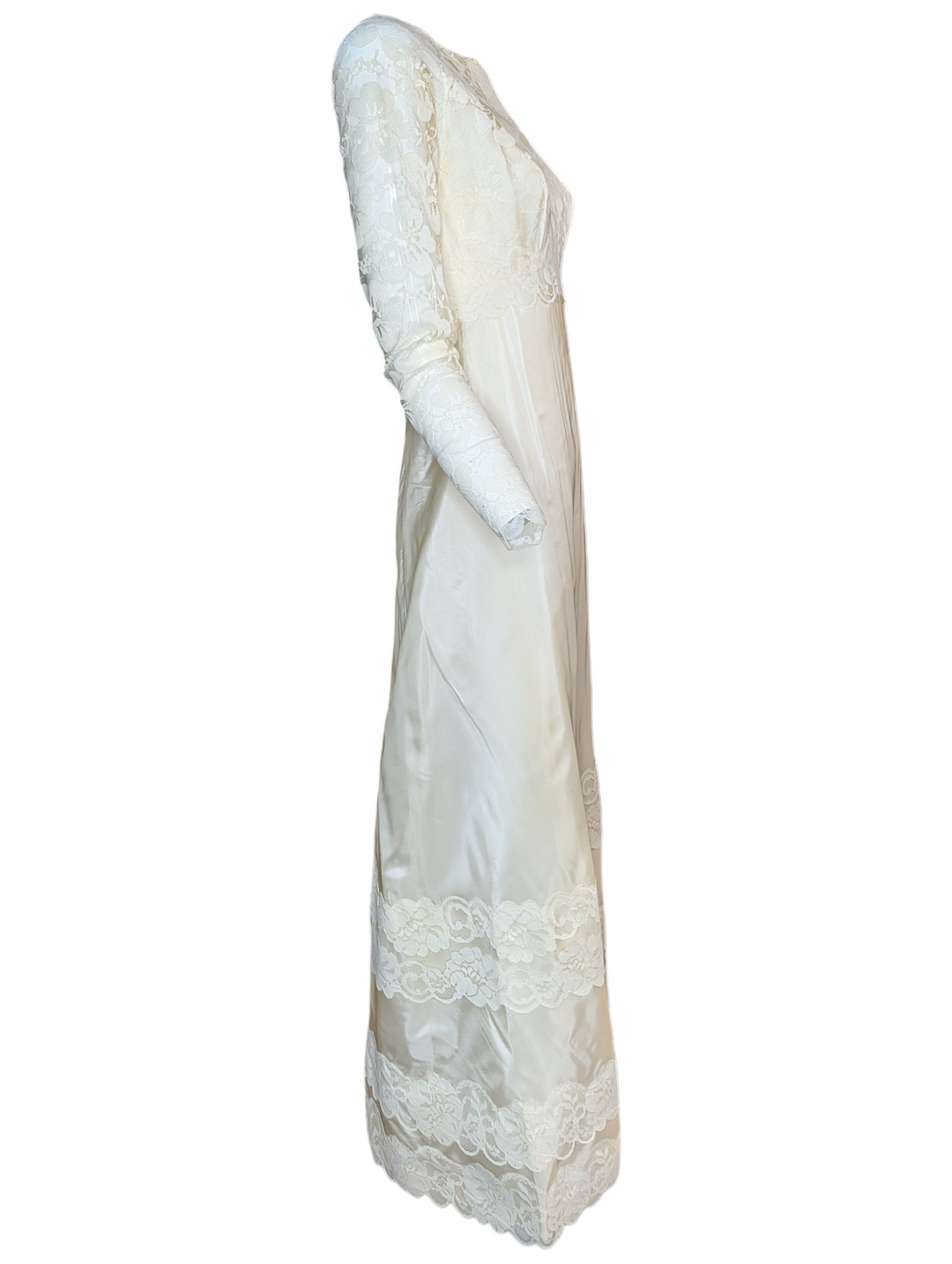 1960s Lace Wedding Gown with Long Sleeves and Column Silhouette