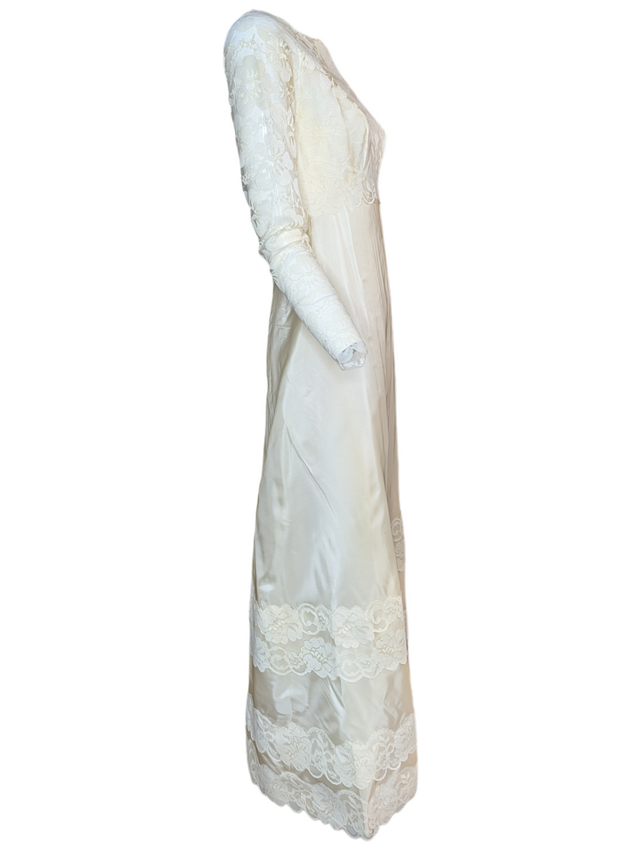 1960s Lace Wedding Gown with Long Sleeves and Column Silhouette