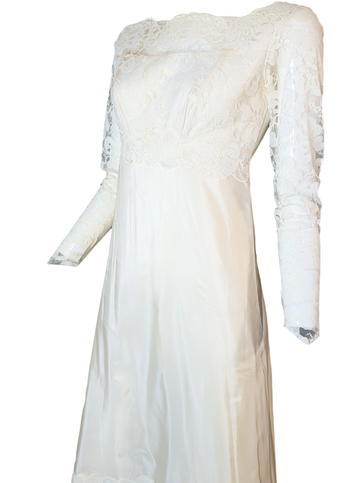 1960s Lace Wedding Gown with Long Sleeves and Column Silhouette