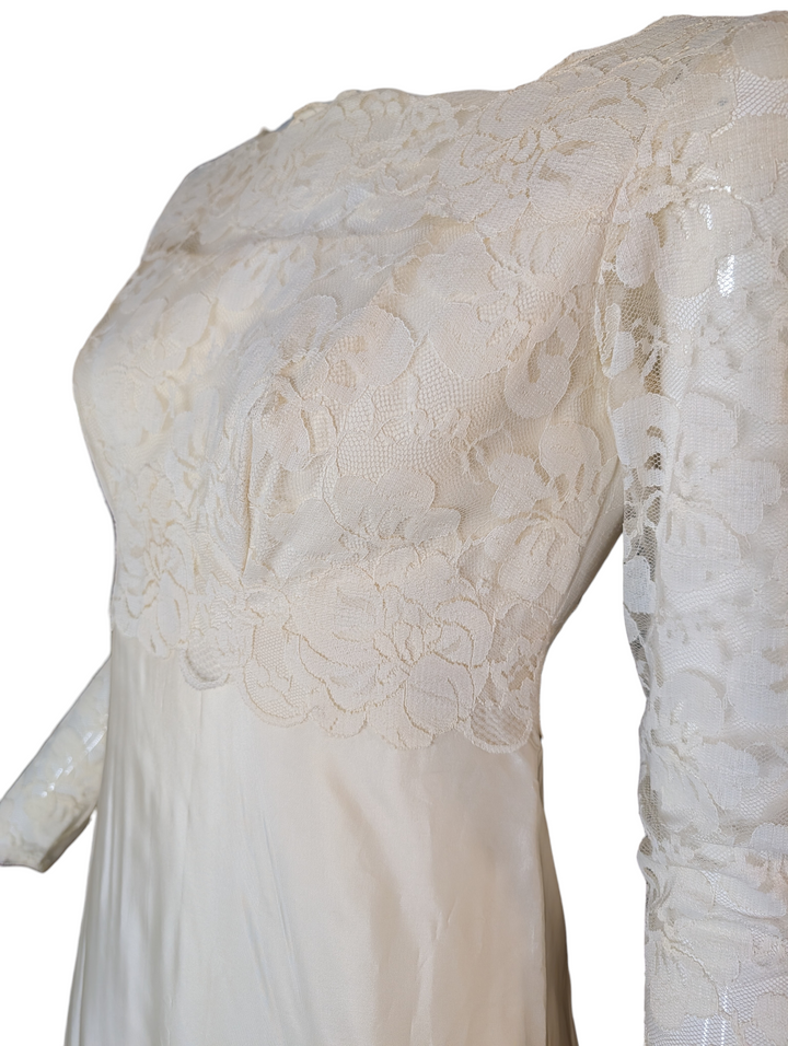 1960s Lace Wedding Gown with Long Sleeves and Column Silhouette