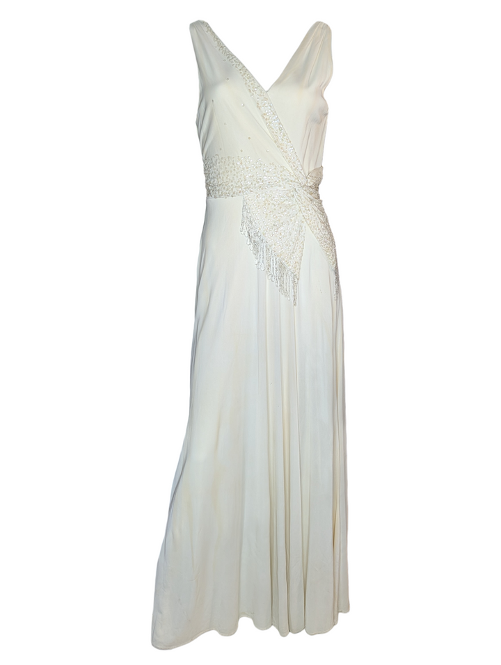 Late 1990s 1930s-Revival Ivory Wedding Gown with Asymmetrical Beaded Fringe Sash