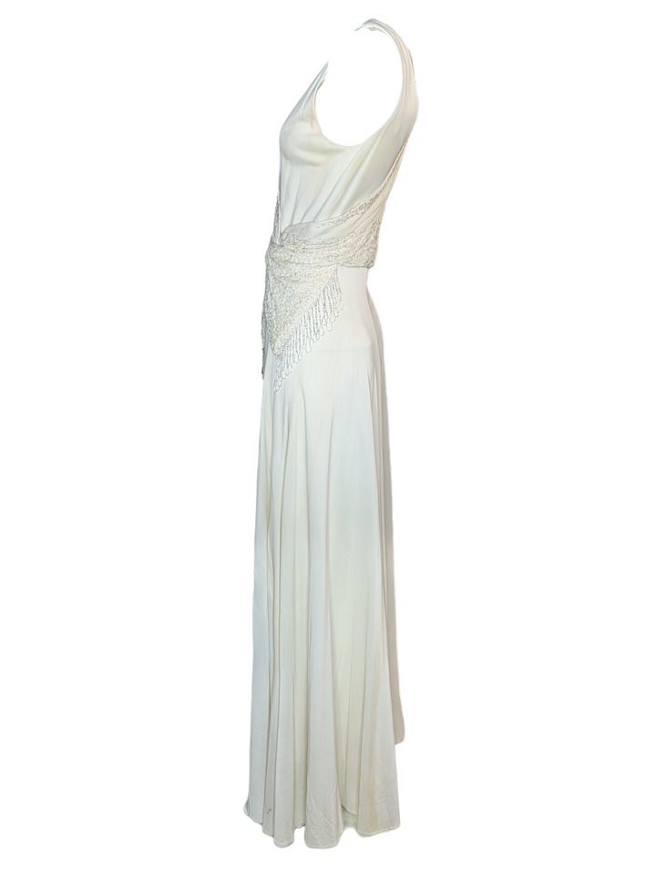 Late 1990s 1930s-Revival Ivory Wedding Gown with Asymmetrical Beaded Fringe Sash