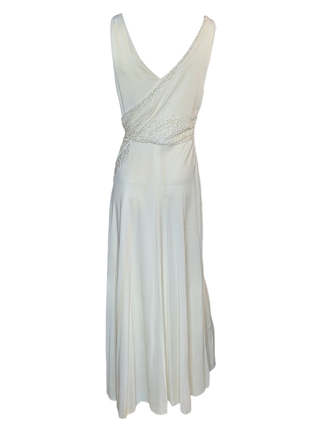 Late 1990s 1930s-Revival Ivory Wedding Gown with Asymmetrical Beaded Fringe Sash