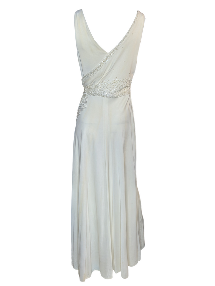 Late 1990s 1930s-Revival Ivory Wedding Gown with Asymmetrical Beaded Fringe Sash