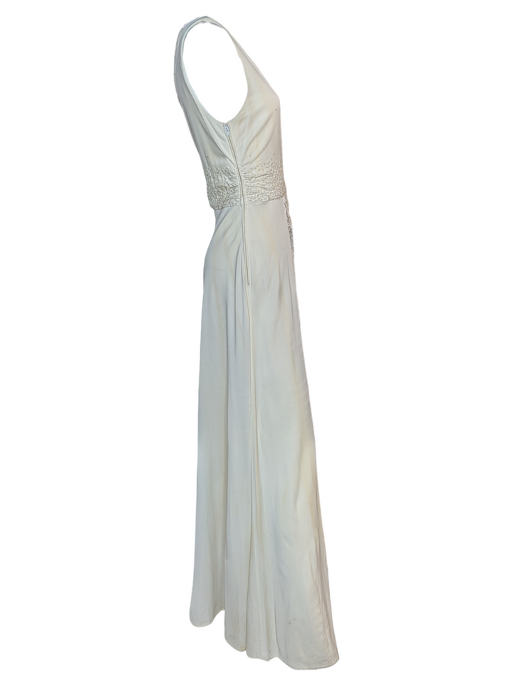 Late 1990s 1930s-Revival Ivory Wedding Gown with Asymmetrical Beaded Fringe Sash