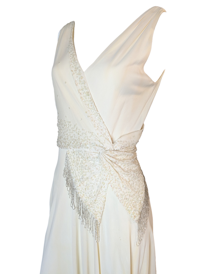 Late 1990s 1930s-Revival Ivory Wedding Gown with Asymmetrical Beaded Fringe Sash