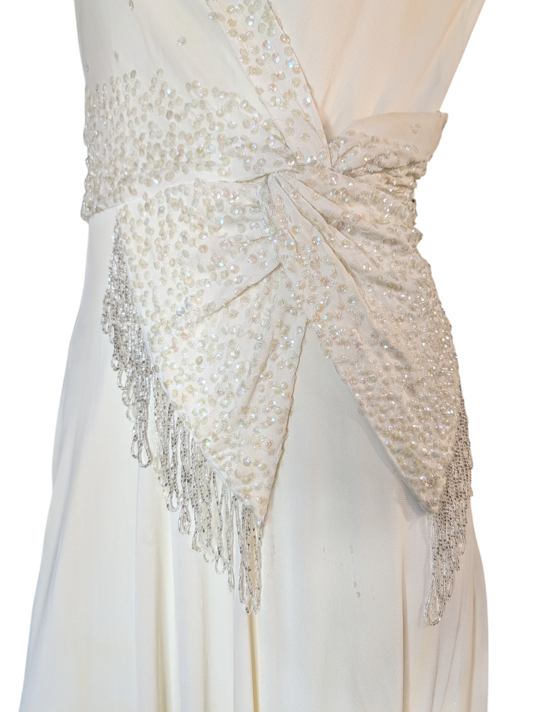 Late 1990s 1930s-Revival Ivory Wedding Gown with Asymmetrical Beaded Fringe Sash