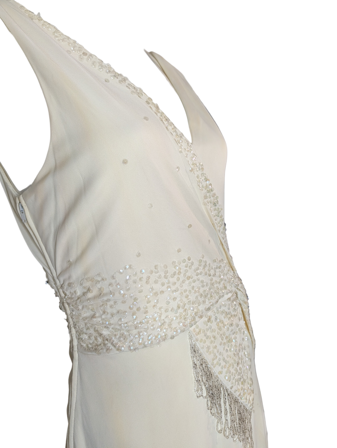 Late 1990s 1930s-Revival Ivory Wedding Gown with Asymmetrical Beaded Fringe Sash