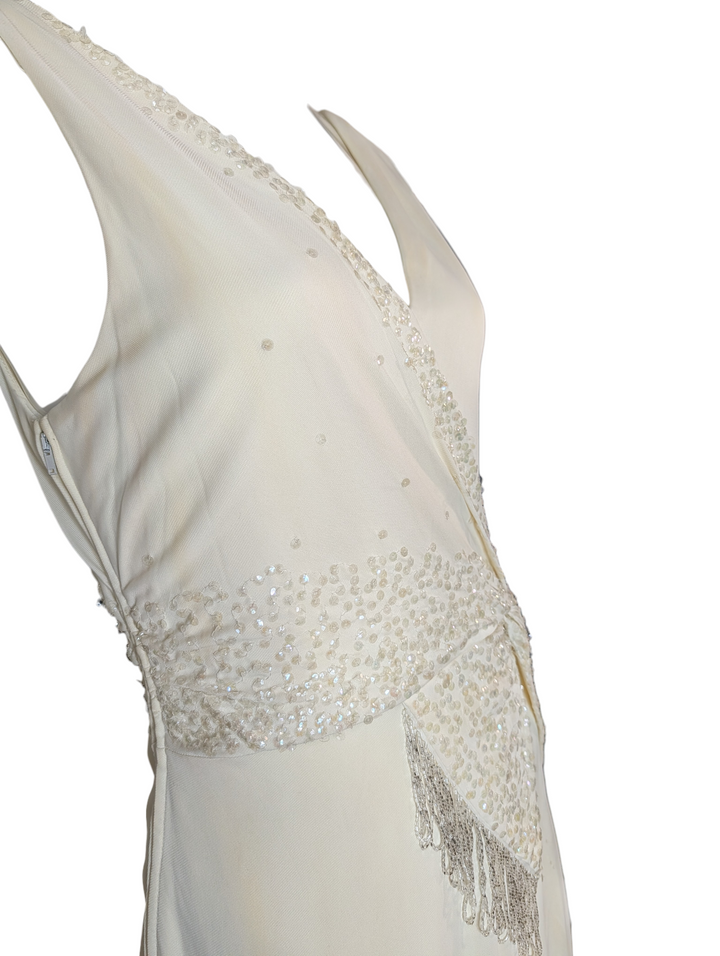 Late 1990s 1930s-Revival Ivory Wedding Gown with Asymmetrical Beaded Fringe Sash